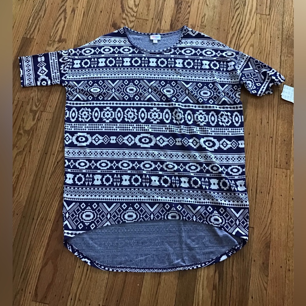 LuLaRoe Irma Short Sleeve Shirt - Navy and White Tribal Pattern #28